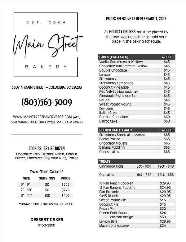 Menu Main Street Bakery United States